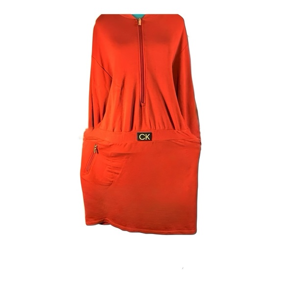 Calvin Klein Orange Zip-Front Knit Dress - Long Sleeve Casual Midi with Pockets - Picture 2 of 12